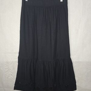 Sonoma Mid Skirt Black Rayon Linen Embroidered Floral Boho Peasant Tiered M